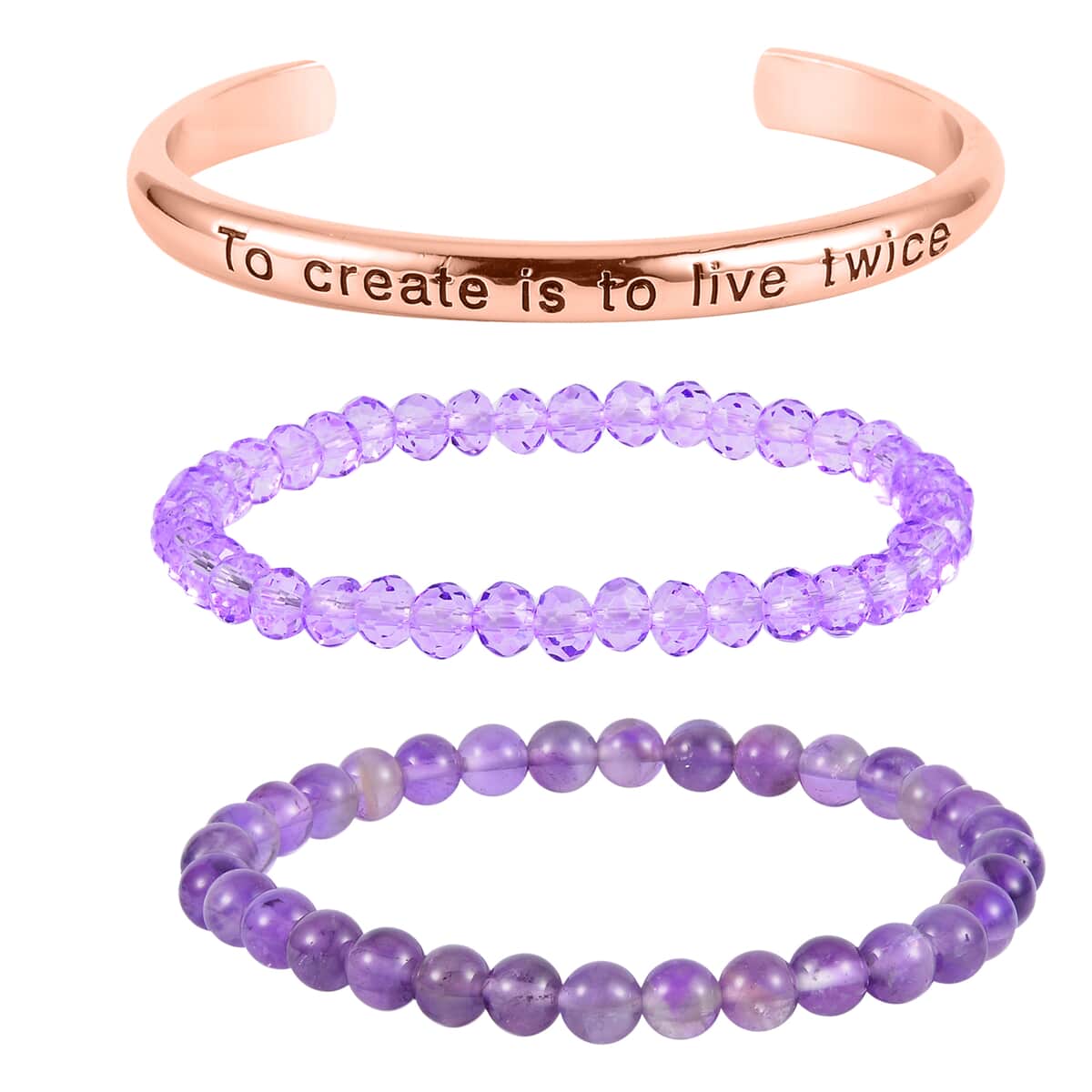 African Amethyst, Purple Glass Set of 2 Stretch Bracelet and Cuff Bracelet (7.00In) in Rosetone 60.00 ctw image number 0