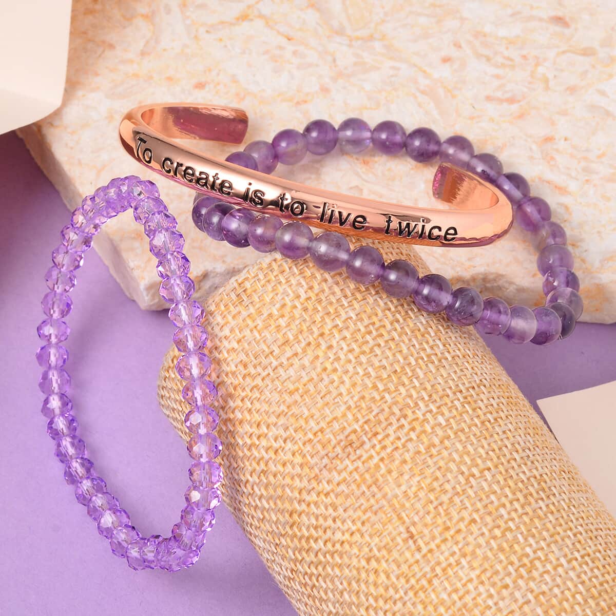 African Amethyst, Purple Glass Set of 2 Stretch Bracelet and Cuff Bracelet (7.00In) in Rosetone 60.00 ctw image number 1