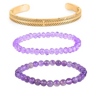 African Amethyst, Purple Glass Set of 2 Stretch Bracelet and Cuff Bracelet (7.00In) in Goldtone 60.00 ctw