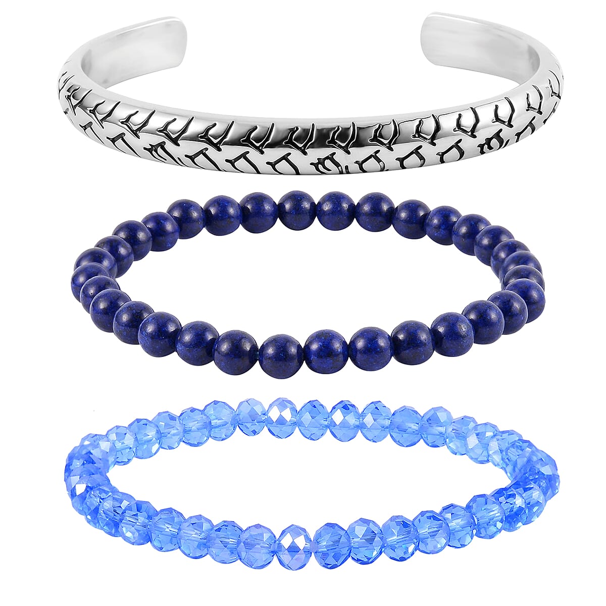 Lapis Lazuli, Blue Glass Set of 2 Stretch Bracelet and Cuff Bracelet (7.00In) in Silvertone 60.00 ctw image number 0