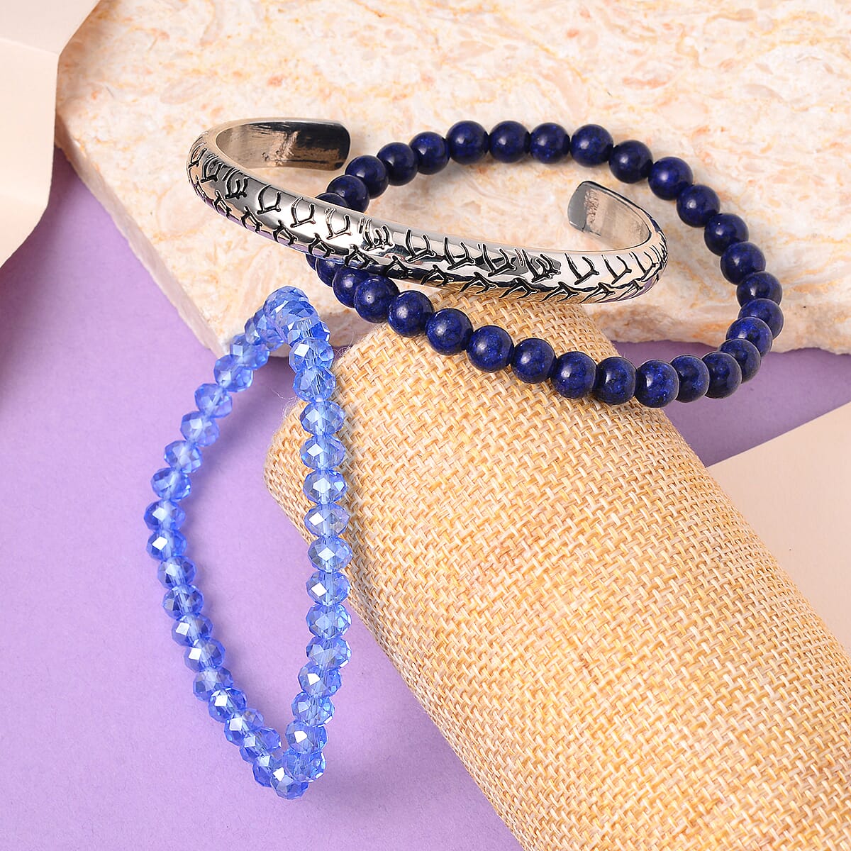 Lapis Lazuli, Blue Glass Set of 2 Stretch Bracelet and Cuff Bracelet (7.00In) in Silvertone 60.00 ctw image number 1