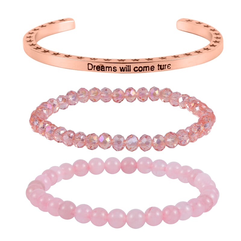 Galilea Rose Quartz, Pink Glass Set of 2 Stretch Bracelet and Cuff Bracelet (7.00In) in Rosetone 60.00 ctw