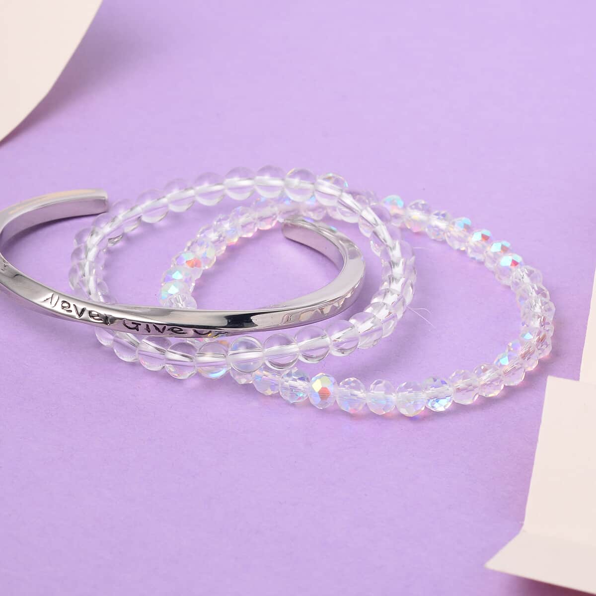 White Crystal, White Mystic Color Glass Set of 2 Stretch Bracelet and Cuff Bracelet (7.00In) in Silvertone 60.00 ctw image number 1