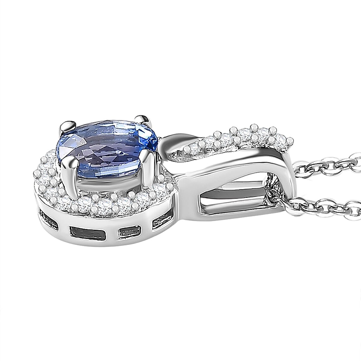 Ceylon Blue Sapphire and White Zircon Halo Pendant in Platinum Over Sterling Silver with Stainless Steel Necklace(20 Inches 0.85 ctw image number 3