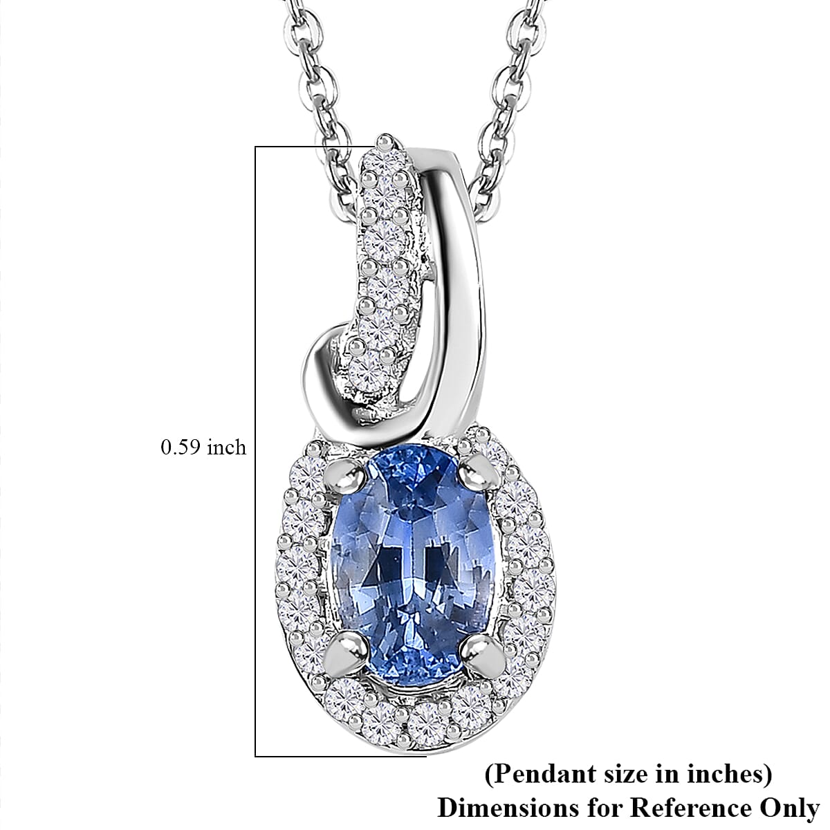 Ceylon Blue Sapphire and White Zircon Halo Pendant in Platinum Over Sterling Silver with Stainless Steel Necklace(20 Inches 0.85 ctw