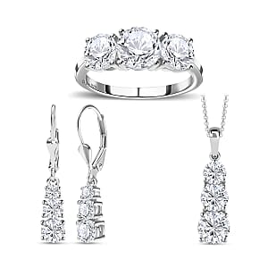 Moissanite Jewelry Set of Lever Back Earrings, Trilogy Ring and Trilogy Pendant Necklace, Platinum Over Sterling Silver Jewelry Set, Moissanite Gifts For Her 6.75 ctw