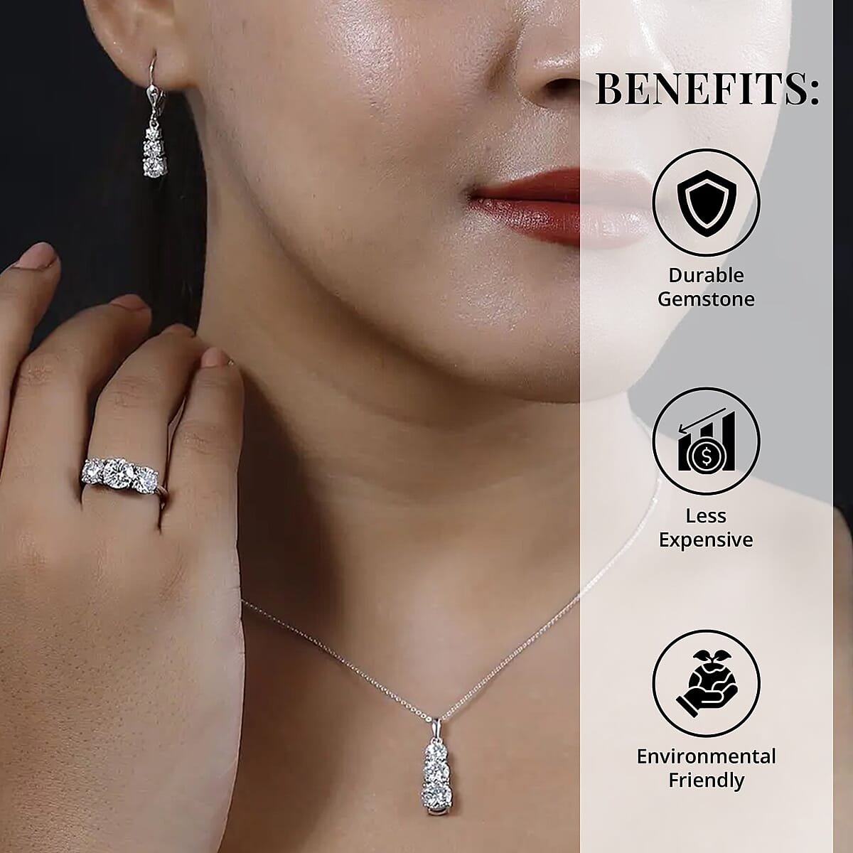 Moissanite Jewelry Set of Lever Back Earrings, Trilogy Ring and Trilogy Pendant Necklace, Platinum Over Sterling Silver Jewelry Set, Moissanite Gifts For Her 6.75 ctw image number 4