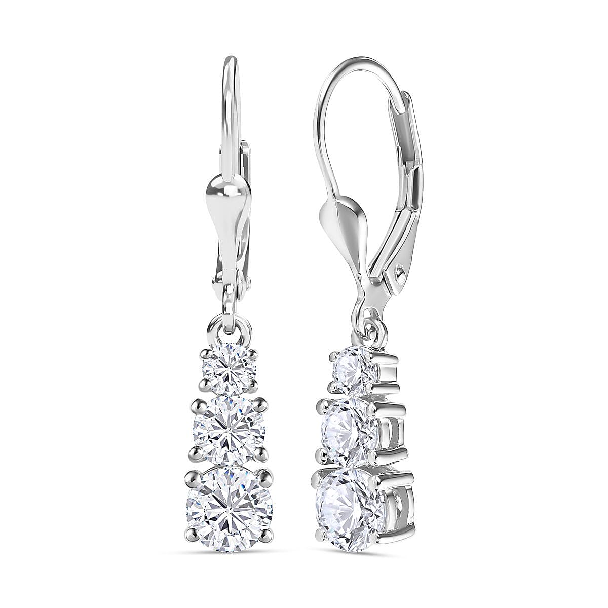 Moissanite Jewelry Set of Lever Back Earrings, Trilogy Ring and Trilogy Pendant Necklace, Platinum Over Sterling Silver Jewelry Set, Moissanite Gifts For Her 6.75 ctw image number 10