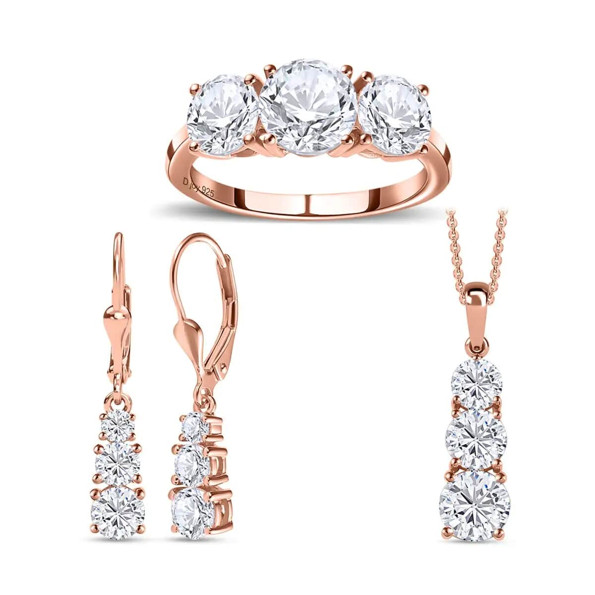 Moissanite 6.75 ctw Jewelry Set of Lever Back Earrings, Trilogy Ring and Trilogy Pendant Necklace, Vermeil Rose Gold Over Sterling Silver Jewelry Set, Moissanite Gifts For Her image number 0