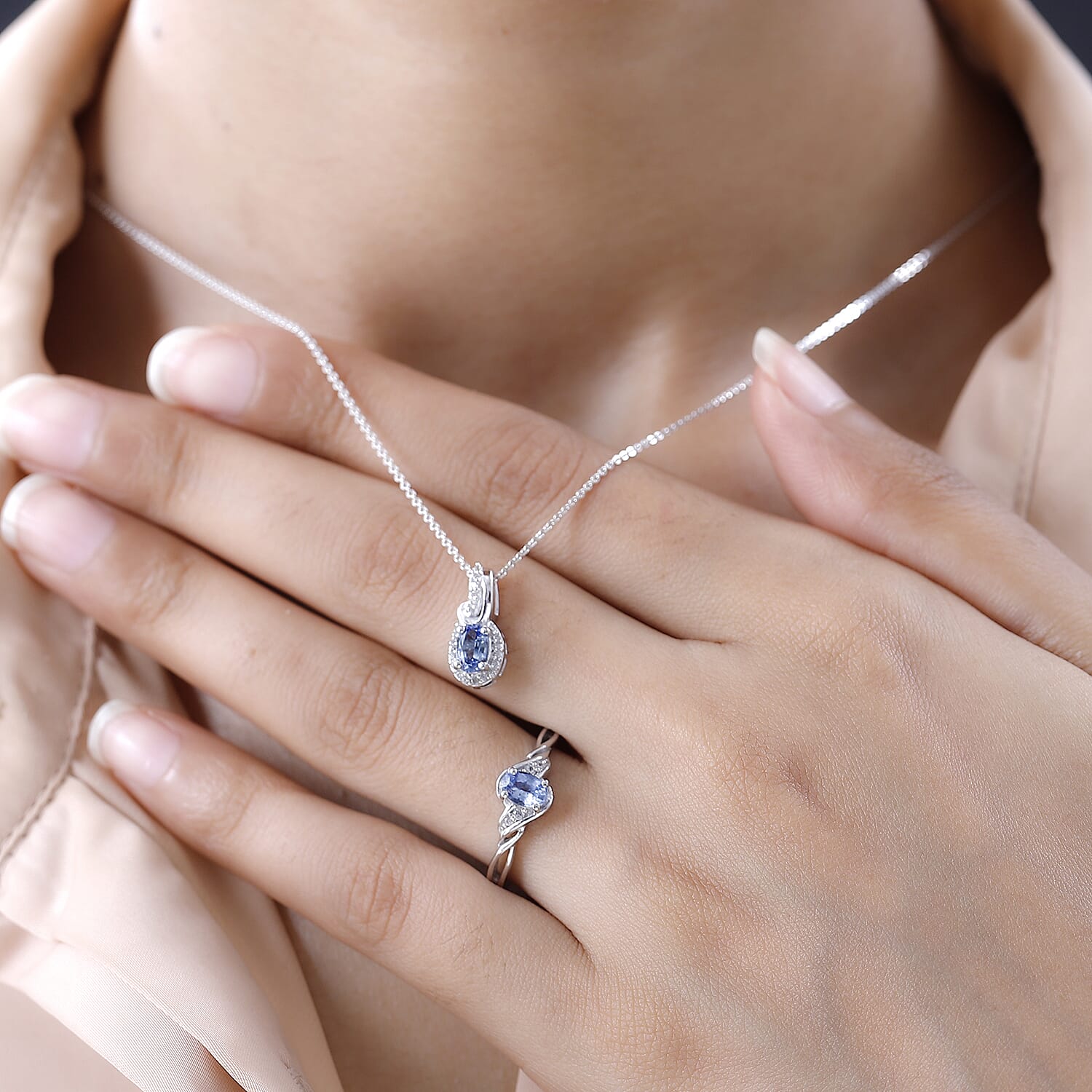 Ceylon Blue Sapphire, White Zircon Ring Size 6.0 and Pendant Necklace 20 Inches in Platinum Over Sterling Silver 1.30 ctw