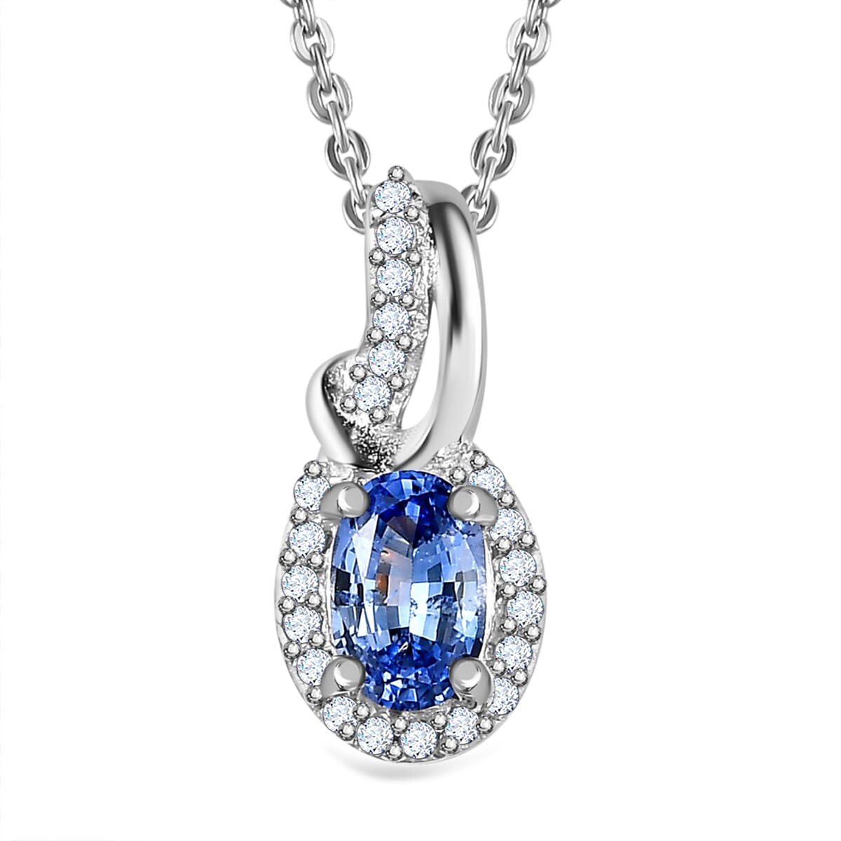 Ceylon Blue Sapphire, White Zircon Ring (Size 6.0), Pendant Necklace (20 Inches) in Platinum Over Sterling Silver (Del. in 7-10 Days) 1.30 ctw image number 6