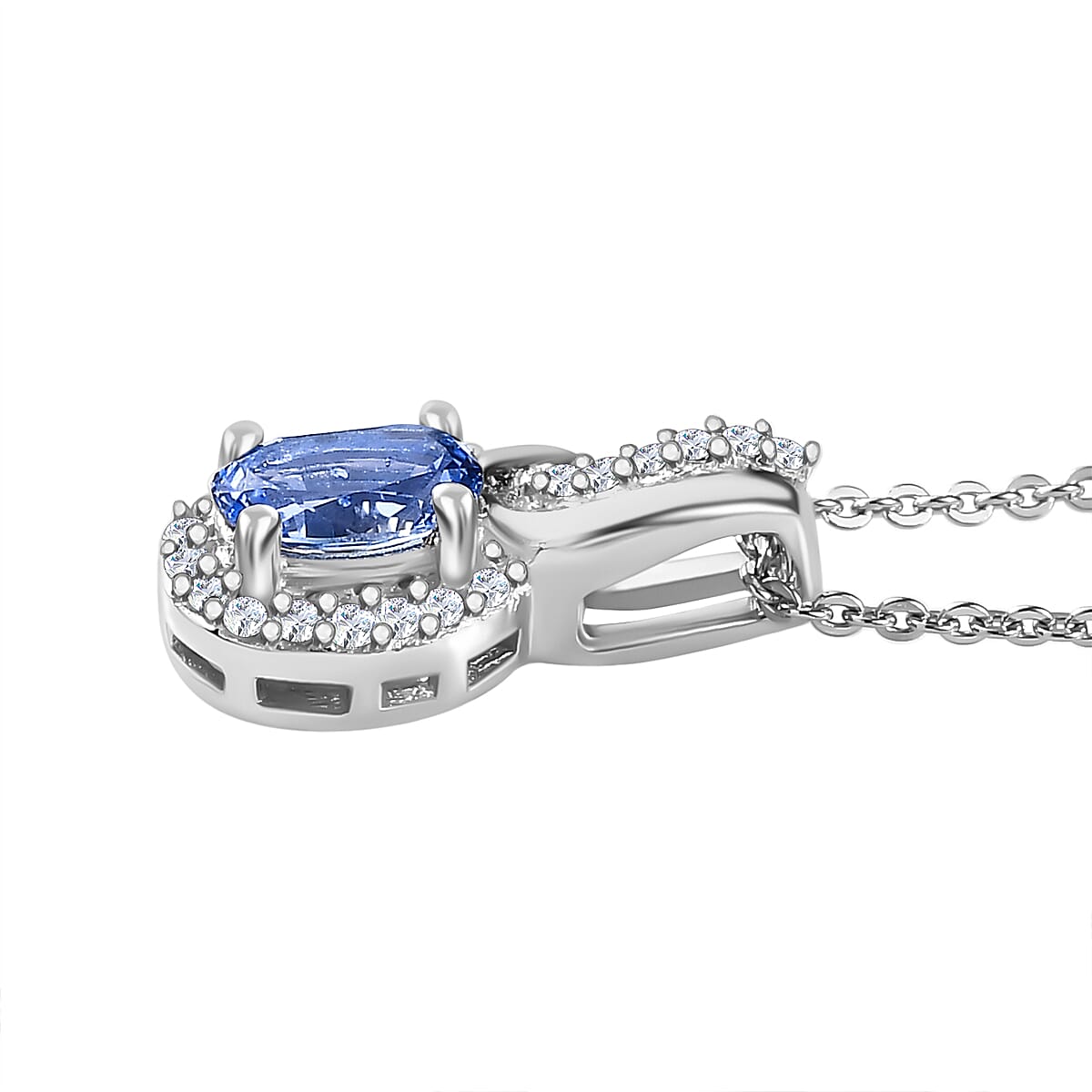 Ceylon Blue Sapphire, White Zircon Ring Size 6.0 and Pendant Necklace 20 Inches in Platinum Over Sterling Silver 1.30 ctw