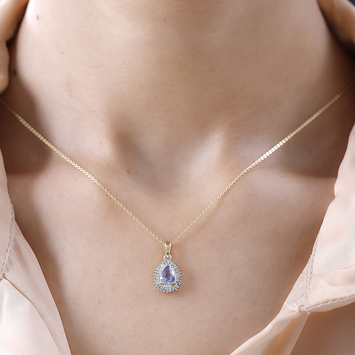 Ceylon Blue Sapphire and Diamond Halo Pendant Necklace 20 Inches in Vermeil Yellow Gold Over Sterling Silver 1.00 ctw image number 1