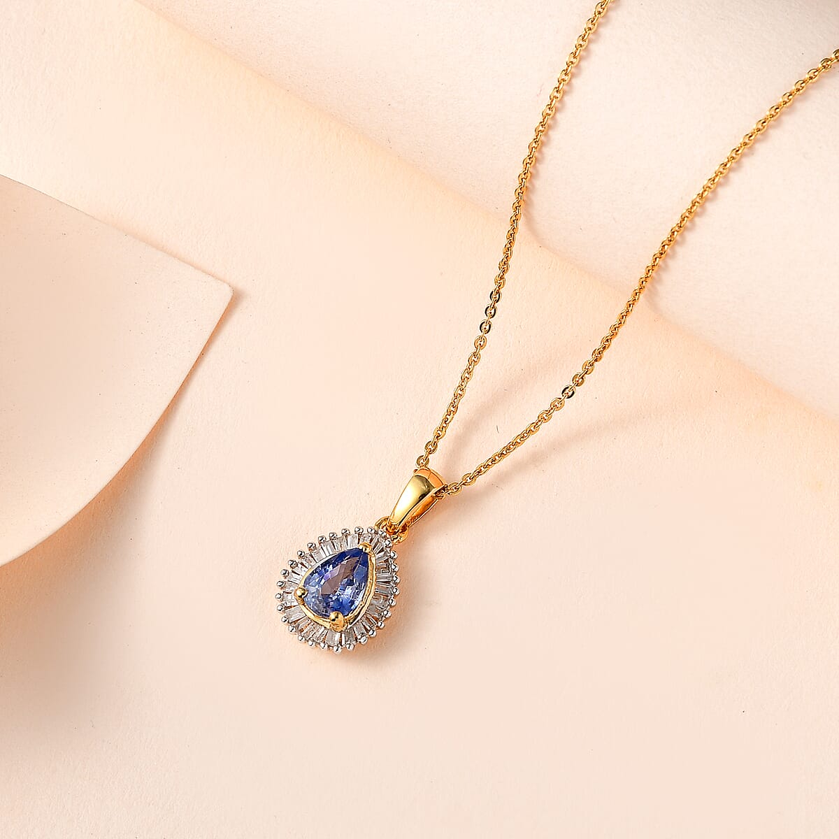 Ceylon Blue Sapphire and Diamond Halo Pendant Necklace 20 Inches in Vermeil Yellow Gold Over Sterling Silver 1.00 ctw image number 2