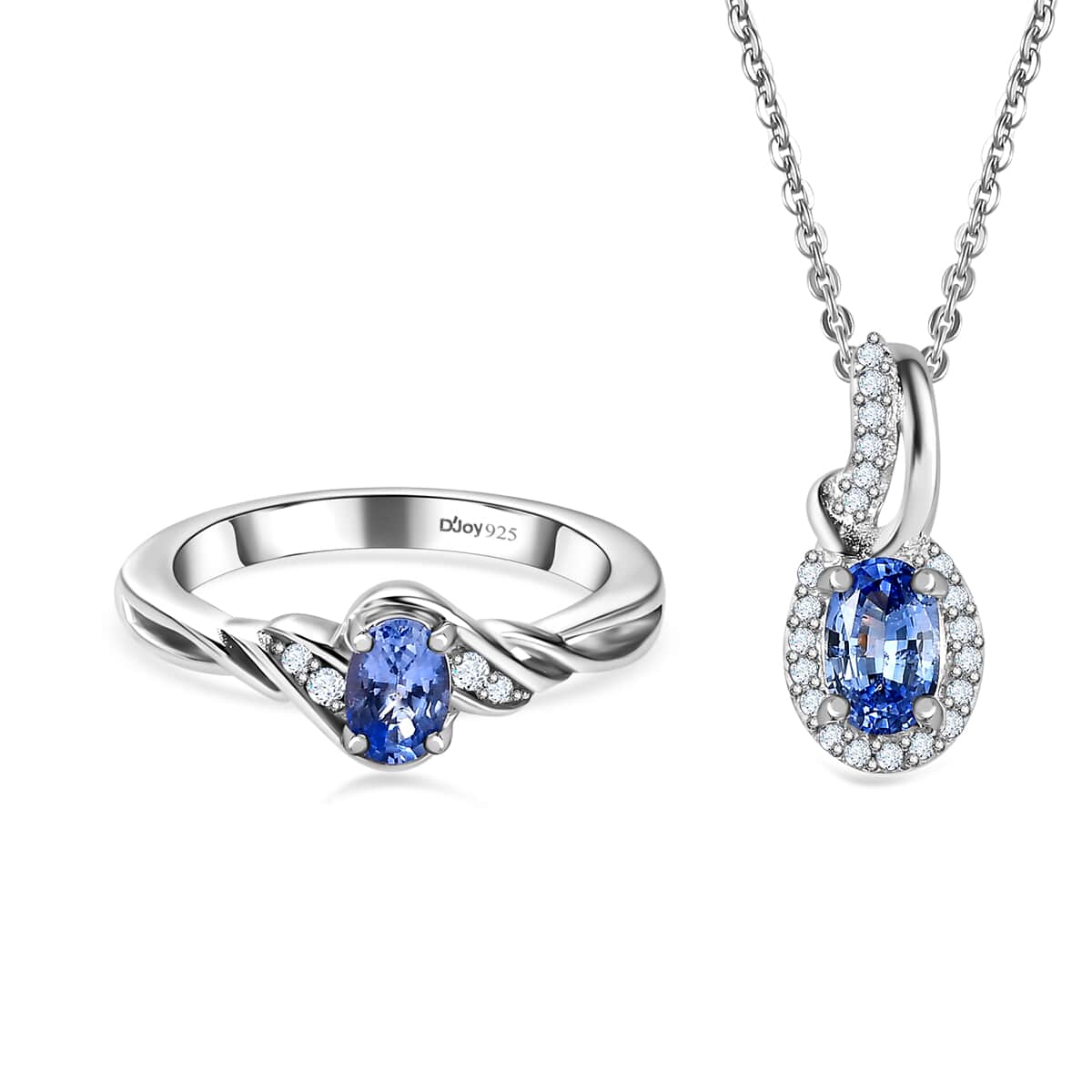Ceylon Blue Sapphire, White Zircon Ring Size 10.0 and Pendant Necklace 20 Inches in Platinum Over Sterling Silver 1.30 ctw image number 0