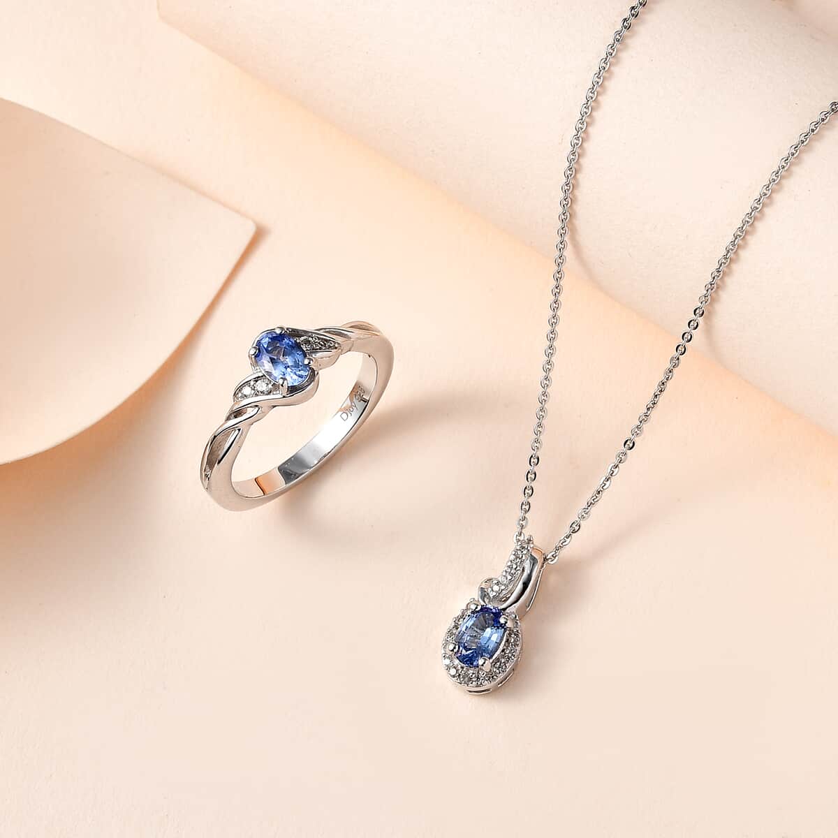 Ceylon Blue Sapphire, White Zircon Ring Size 10.0 and Pendant Necklace 20 Inches in Platinum Over Sterling Silver 1.30 ctw image number 2
