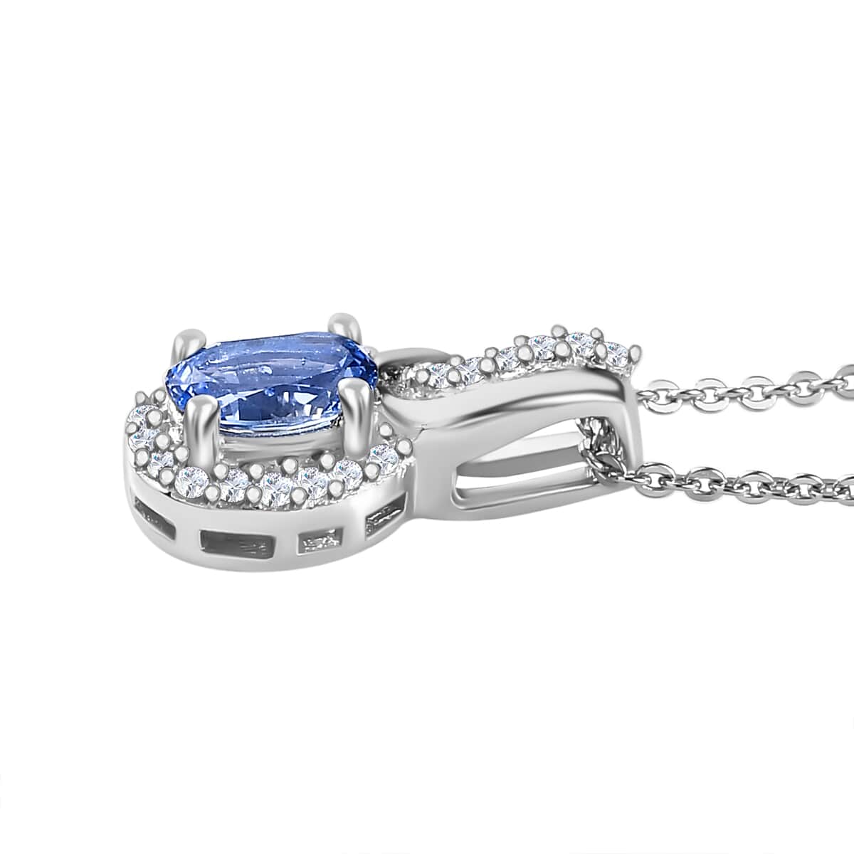 Ceylon Blue Sapphire, White Zircon Ring Size 10.0 and Pendant Necklace 20 Inches in Platinum Over Sterling Silver 1.30 ctw image number 7