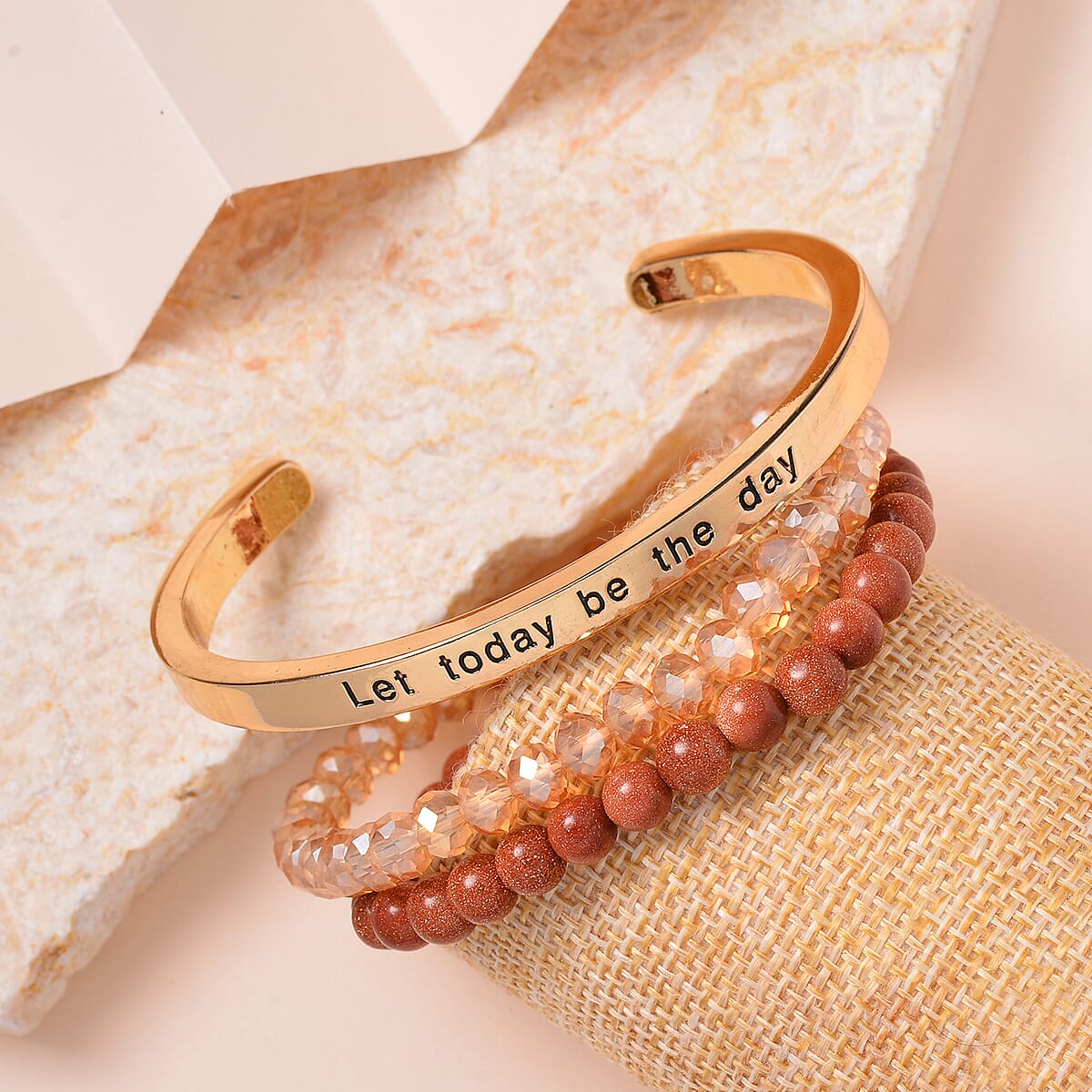 Gold Sandstone, Champagne Glass Set of 2 Stretch Bracelet and Cuff Bracelet (7.00In) in Goldtone 60.00 ctw image number 1