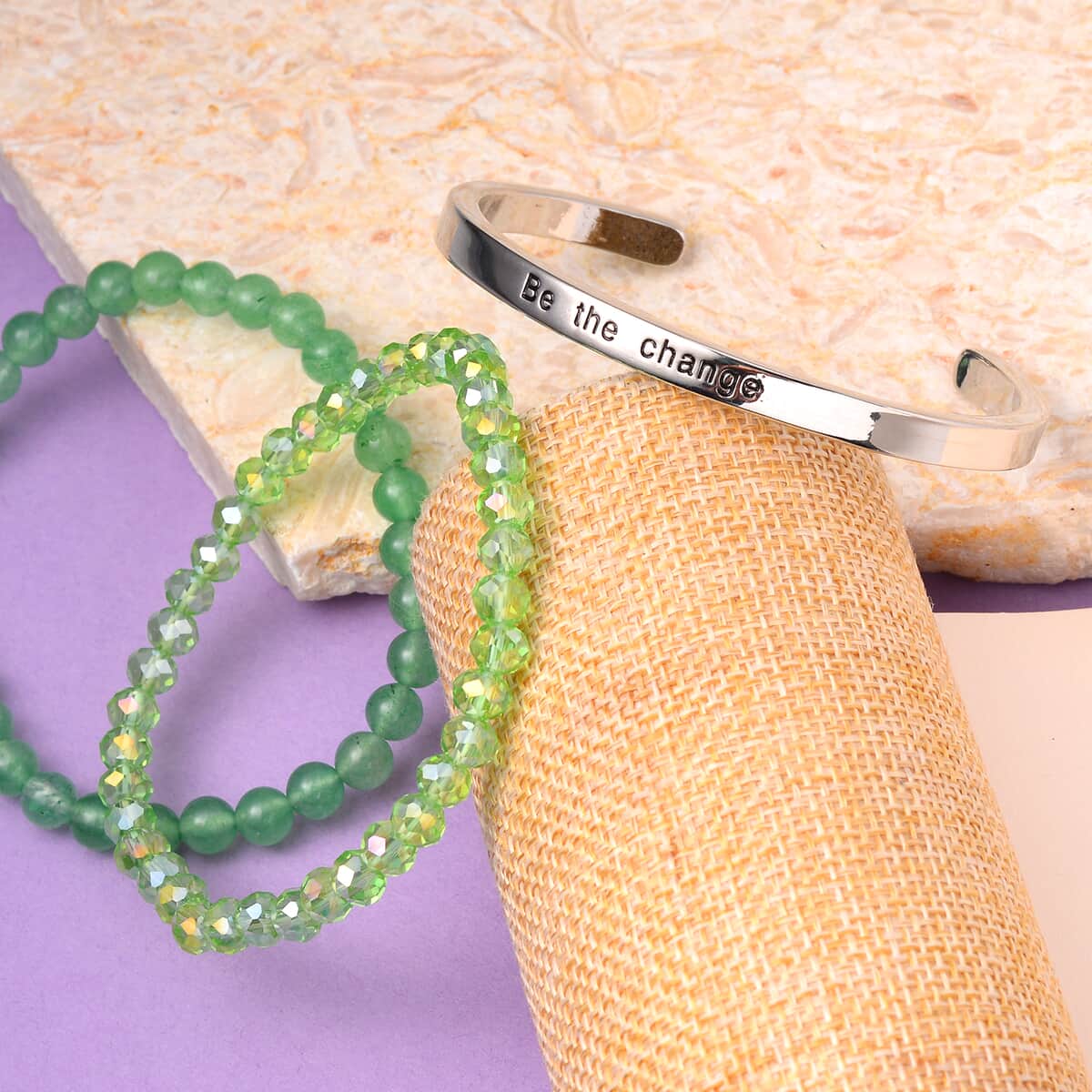 Green Aventurine, Green Glass Set of 2 Stretch Bracelet and Cuff Bracelet (7.00In) in Silvertone 60.00 ctw image number 1