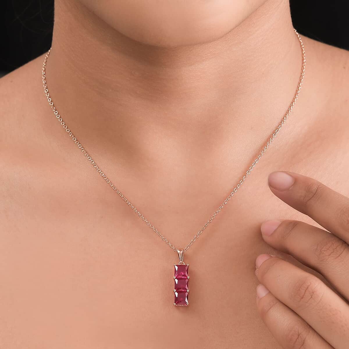 Simulated Red Diamond Pendant in 14K RG Over Sterling Silver with ION Plated RG Stainless Steel Necklace 20 Inches 3.90 ctw image number 2