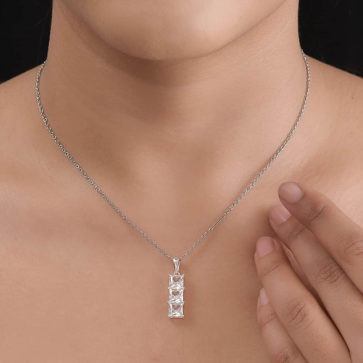 Simulated Diamond Pendant in Sterling Silver with Stainless Steel Necklace 20 Inches 3.90 ctw image number 2