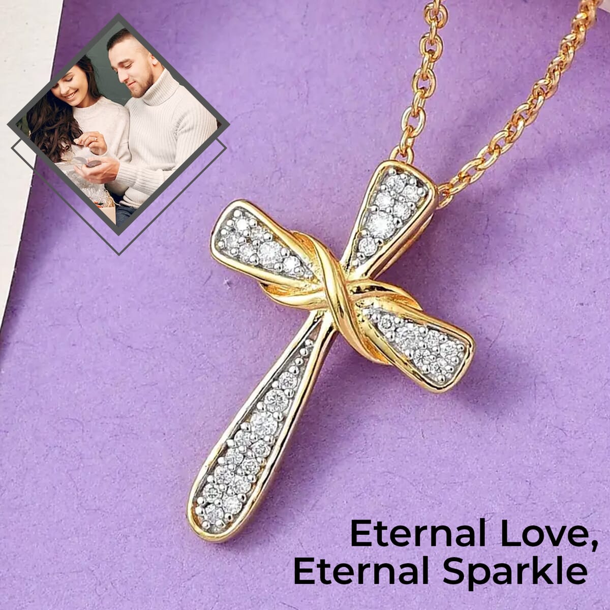 Moissanite Cross Pendant Necklace 20 Inches in Vermeil Yellow Gold Over Sterling Silver 0.35 ctw image number 1