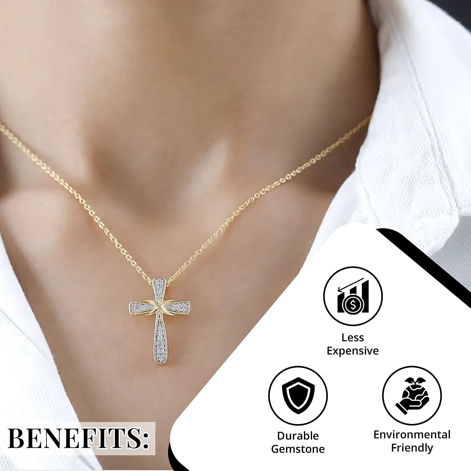 Moissanite Cross Pendant Necklace 20 Inches in Vermeil Yellow Gold Over Sterling Silver 0.35 ctw