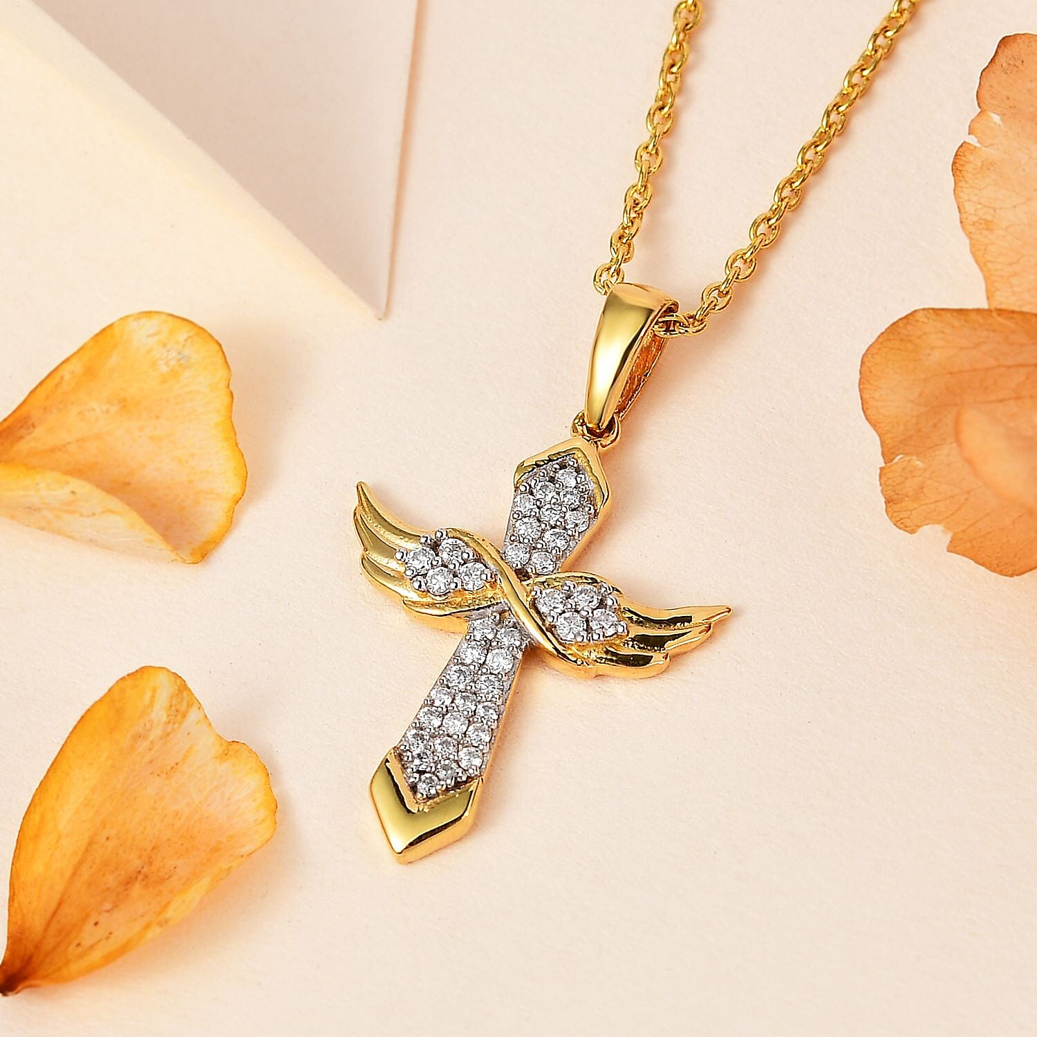 Moissanite Angel Wing Pendant Necklace 20 Inches in Vermeil Yellow Gold Over Sterling Silver 0.33 ctw