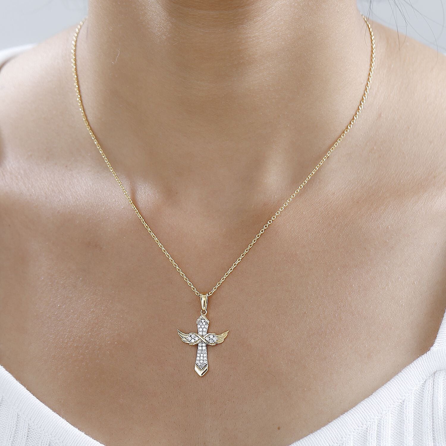 Moissanite Angel Wing Pendant Necklace 20 Inches in Vermeil Yellow Gold Over Sterling Silver 0.33 ctw