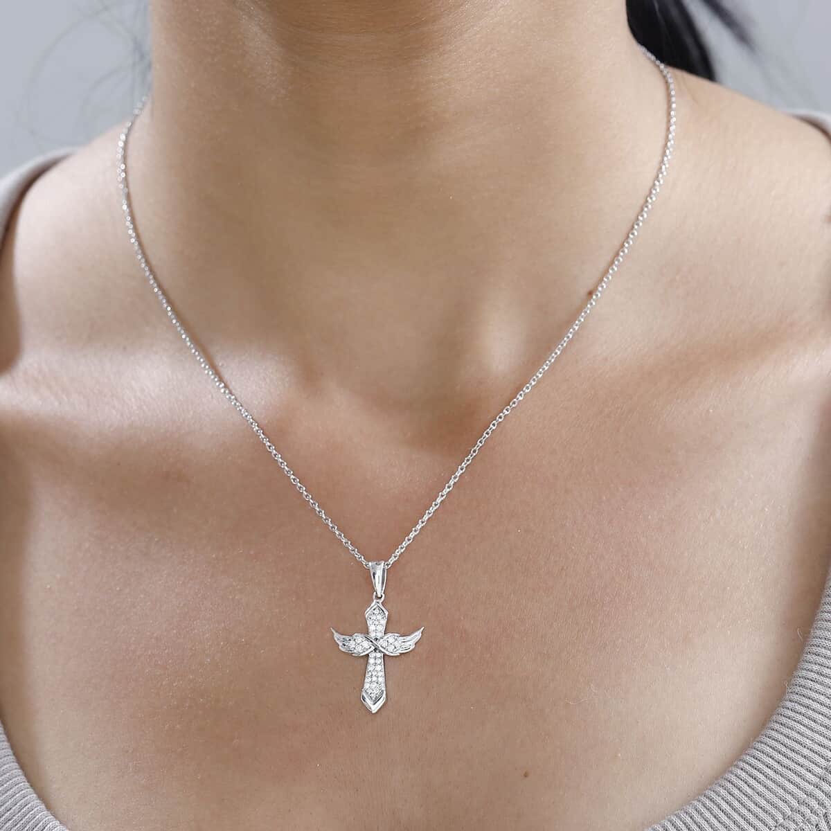 Moissanite Angel Wing Pendant Necklace 20 Inches in Platinum Over Sterling Silver 0.33 ctw image number 2