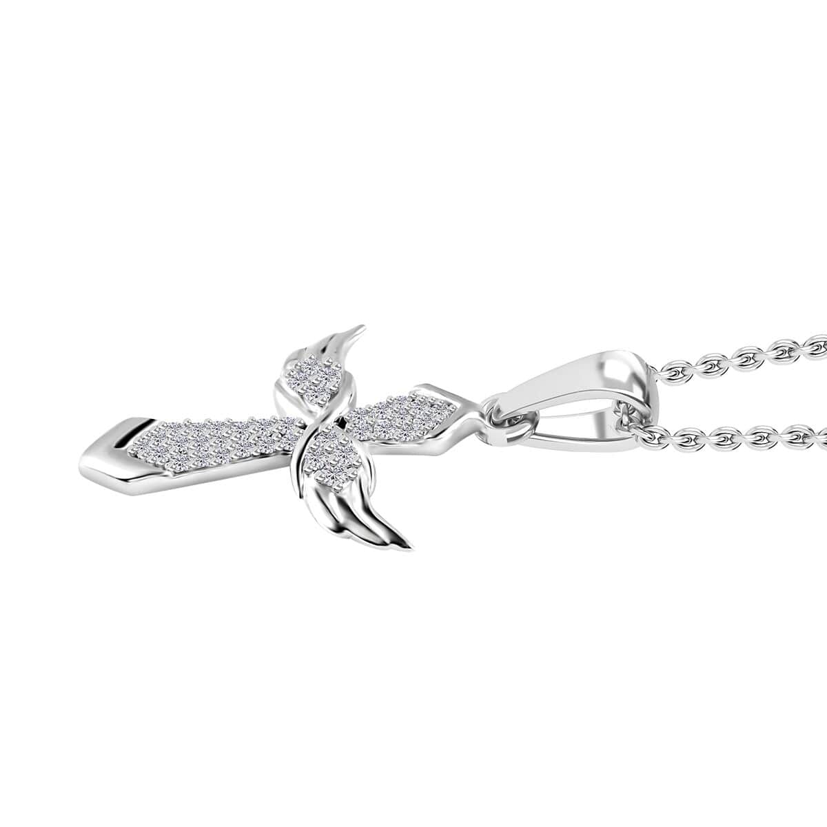 Moissanite Angel Wing Pendant Necklace 20 Inches in Platinum Over Sterling Silver 0.33 ctw image number 3