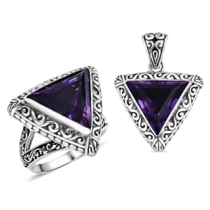 Bali Legacy African Amethyst Ring (Size 6) and Pendant in Sterling Silver 16.20 ctw