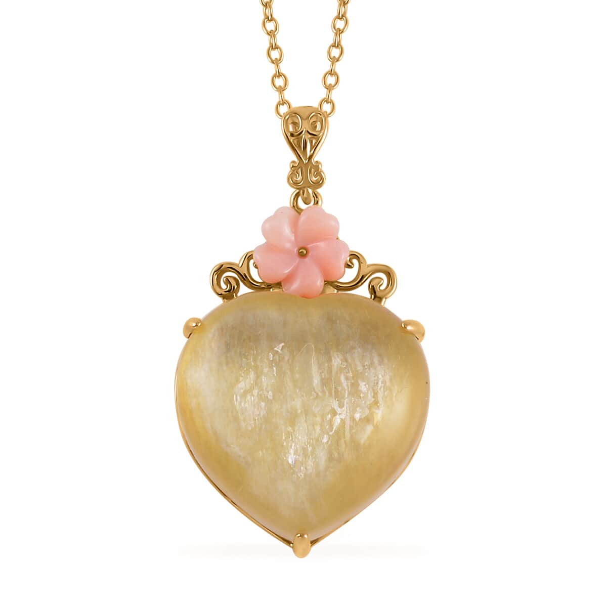 Golden Lepidolite, Pink Mother of Pearl Floral and Heart Pendant Necklace (18 Inches) in Vermeil YG Over Sterling Silver image number 0