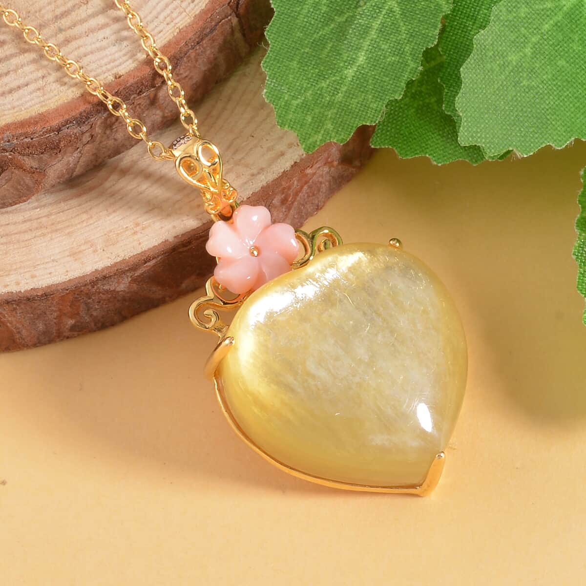 Golden Lepidolite, Pink Mother of Pearl Floral and Heart Pendant Necklace (18 Inches) in Vermeil YG Over Sterling Silver image number 1