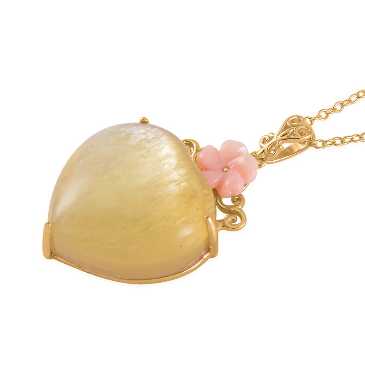 Golden Lepidolite, Pink Mother of Pearl Floral and Heart Pendant Necklace (18 Inches) in Vermeil YG Over Sterling Silver image number 3