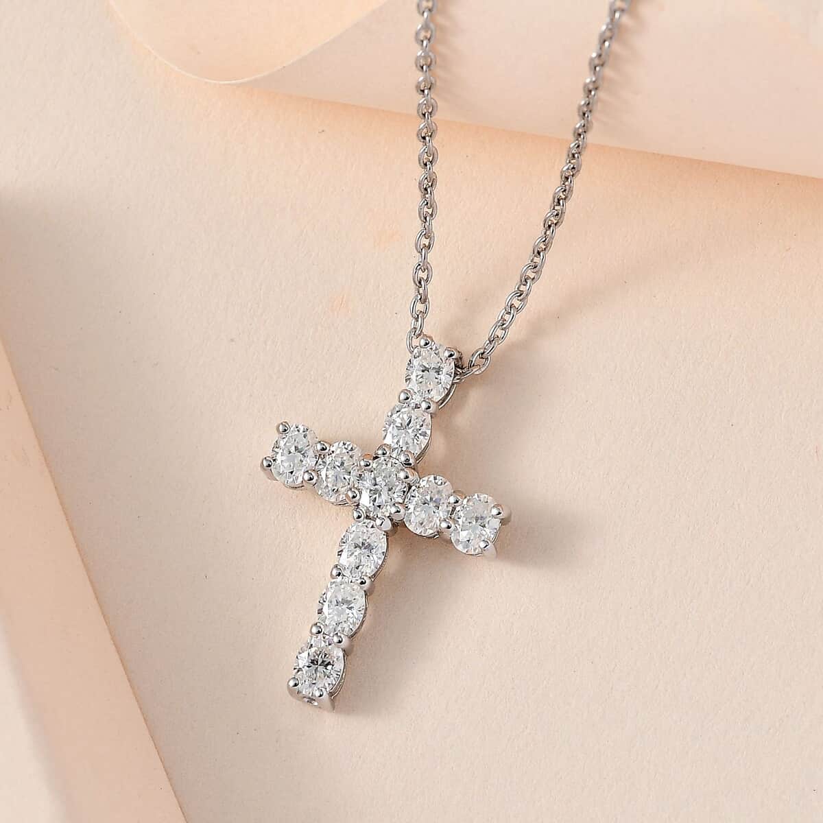 Moissanite Cross Pendant Necklace 20 Inches in Platinum Over Sterling Silver 1.65 ctw image number 1