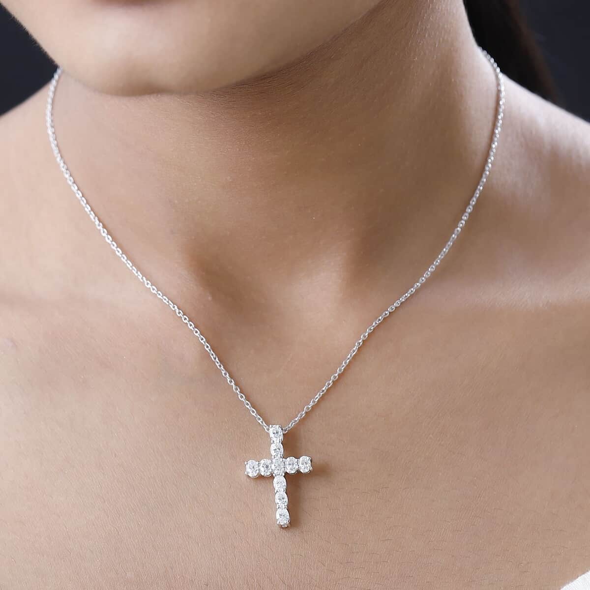 Moissanite Cross Pendant Necklace 20 Inches in Platinum Over Sterling Silver 1.65 ctw image number 2