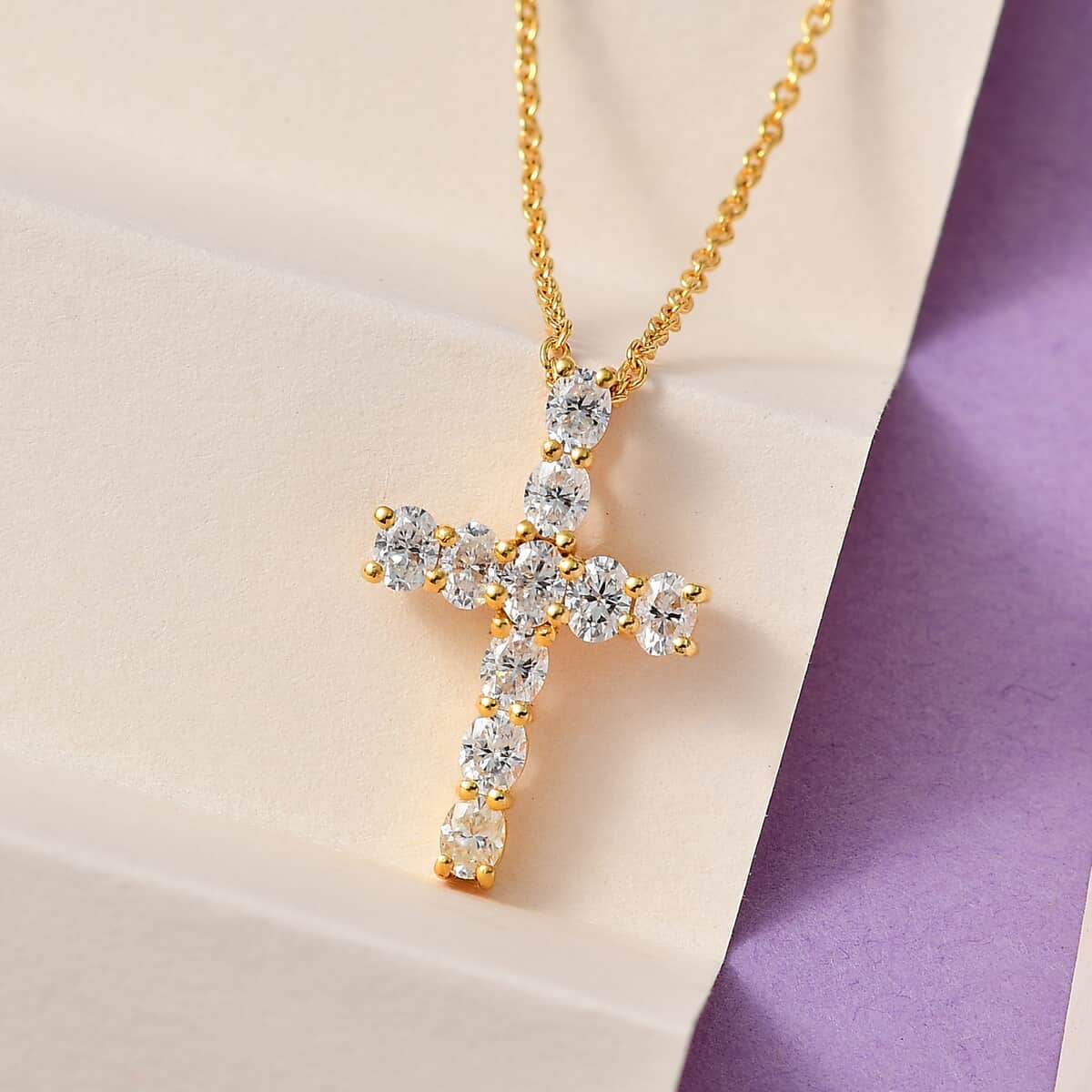 Moissanite Cross Pendant Necklace 20 Inches in Vermeil Yellow Gold Over Sterling Silver 1.70 ctw image number 1