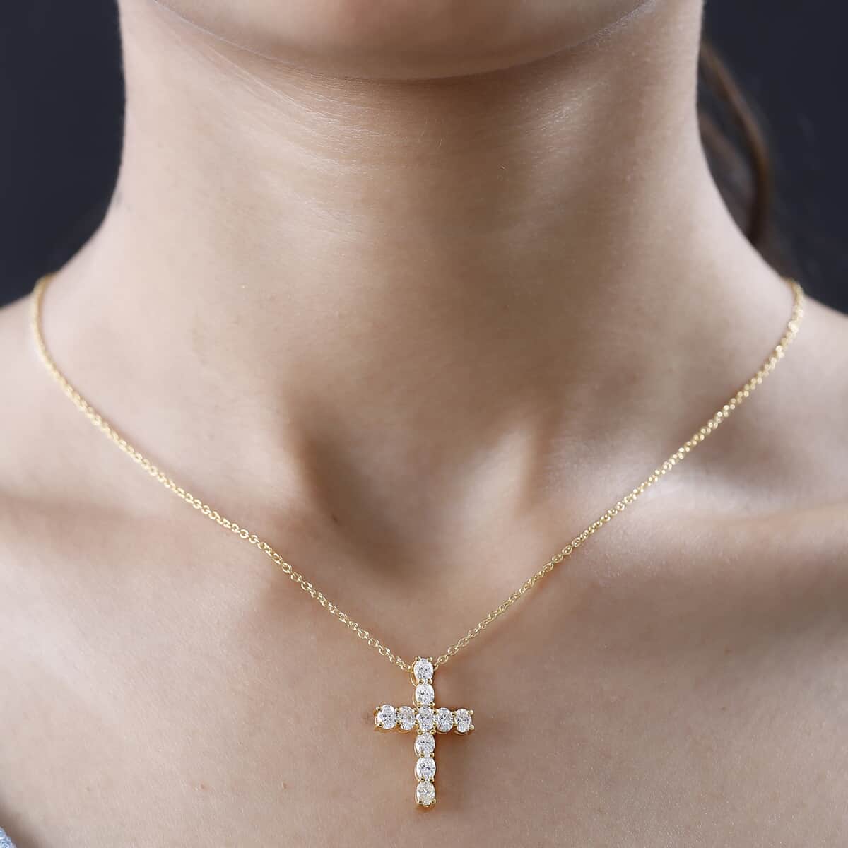 Moissanite Cross Pendant Necklace 20 Inches in Vermeil Yellow Gold Over Sterling Silver 1.70 ctw image number 2