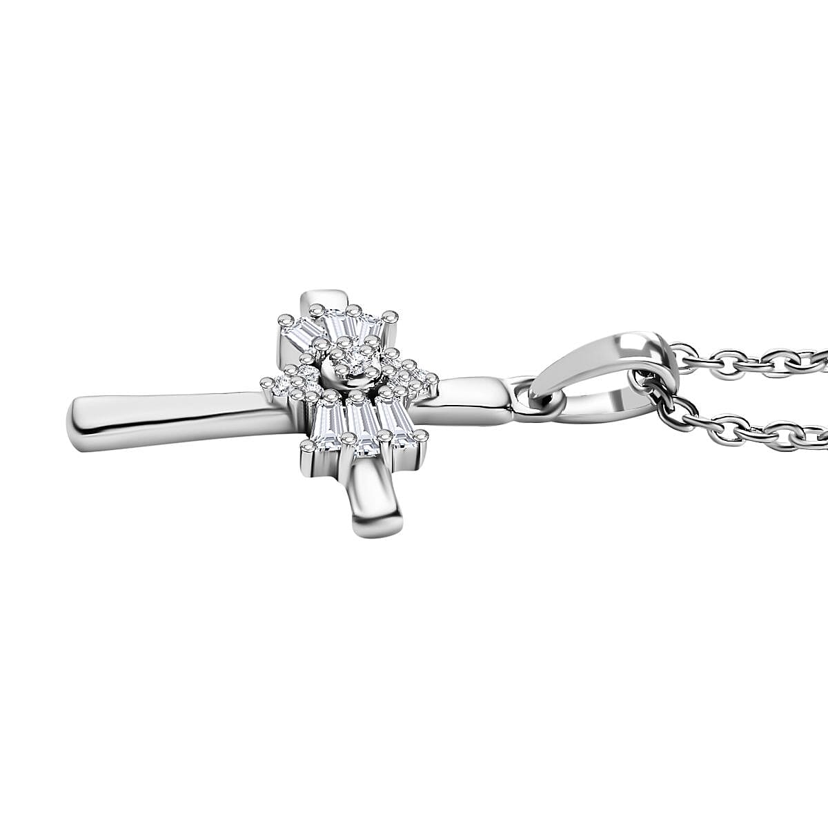 Moissanite Cross Pendant Necklace 20 Inches in Platinum Over Sterling Silver 0.25 ctw image number 3