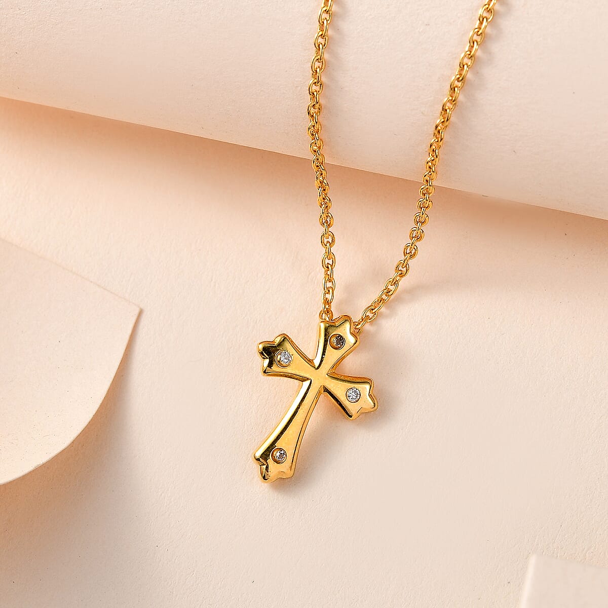 Moissanite Cross Pendant Necklace (20 Inches) in Vermeil YG Over Sterling Silver 0.05 ctw image number 1
