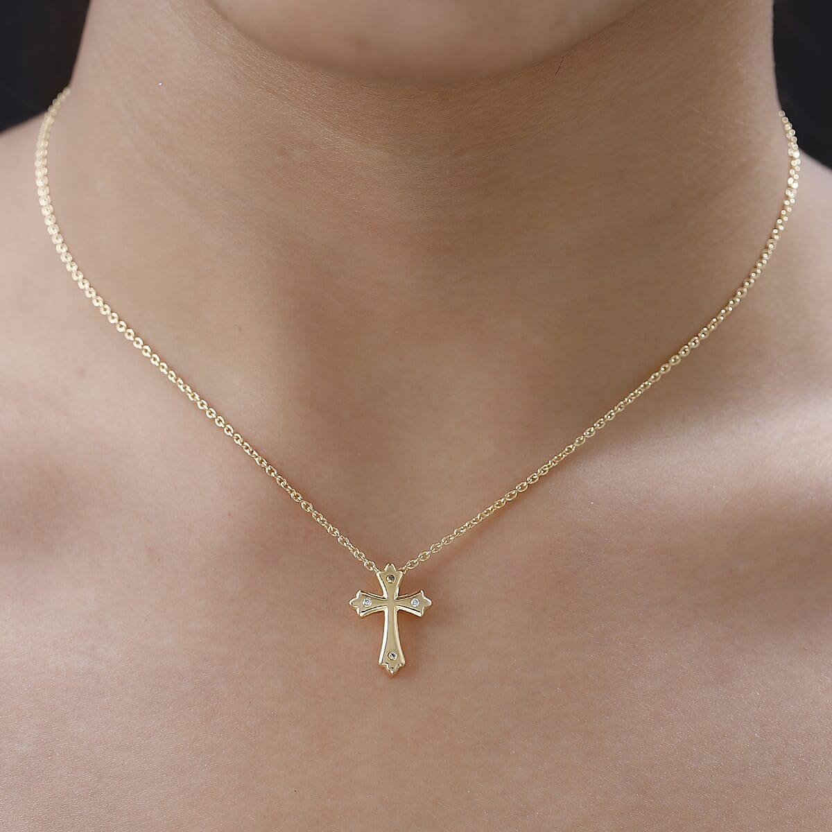 Moissanite Cross Pendant Necklace (20 Inches) in Vermeil YG Over Sterling Silver 0.05 ctw image number 2