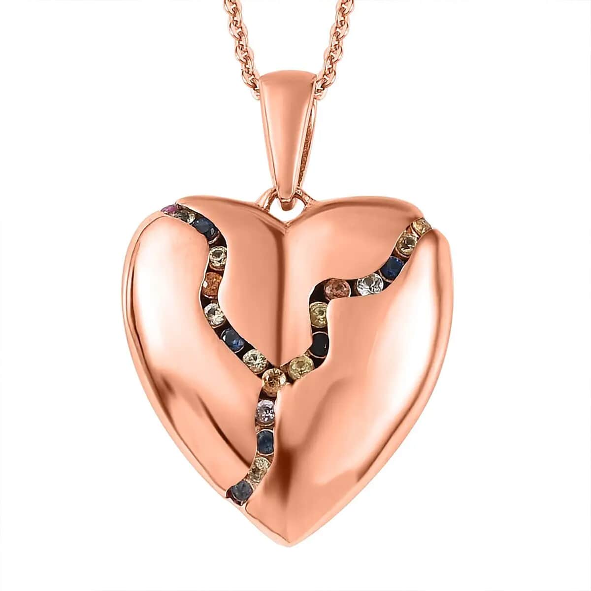 Multi Sapphire Heart Pendant Necklace 20 Inches in Vermeil Rose Gold Over Sterling Silver 0.50 ctw image number 0