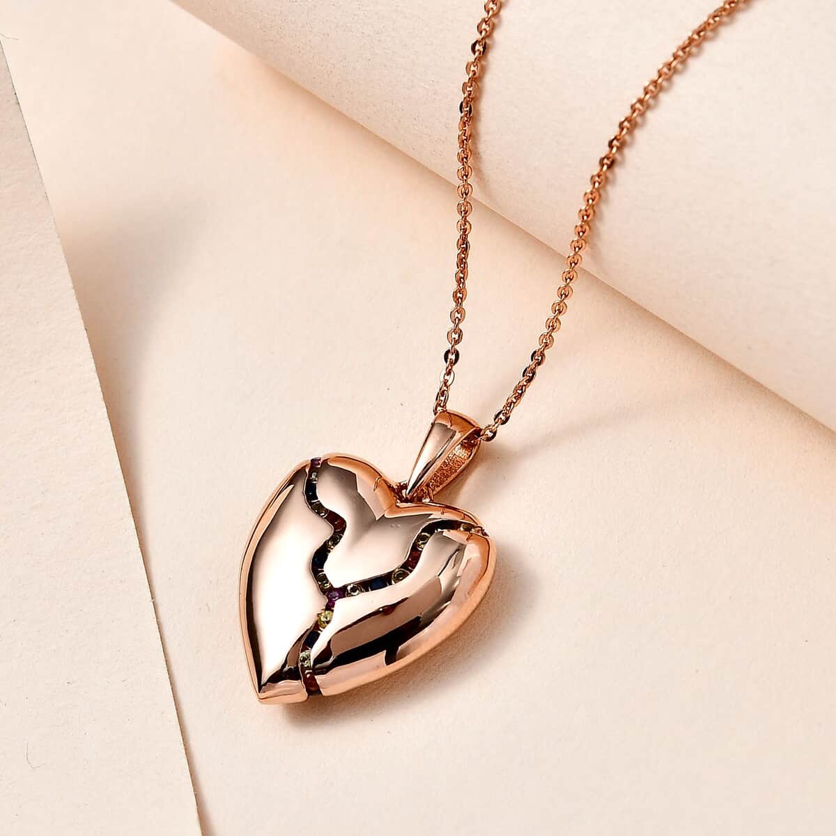 Multi Sapphire Heart Pendant Necklace 20 Inches in Vermeil Rose Gold Over Sterling Silver 0.50 ctw image number 1