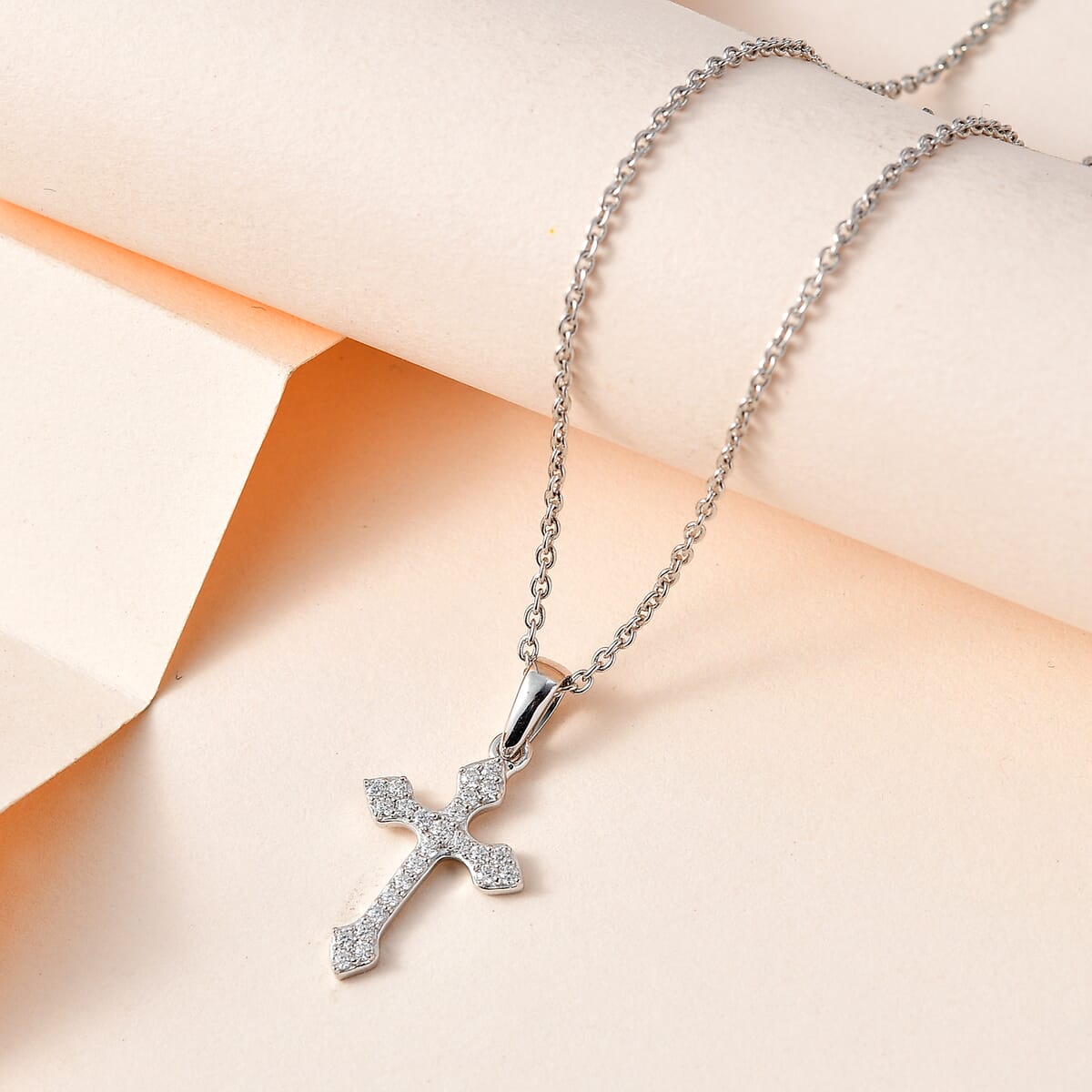 Moissanite Cross Pendant Necklace 20 Inches in Platinum Over Sterling Silver 0.15 ctw image number 1