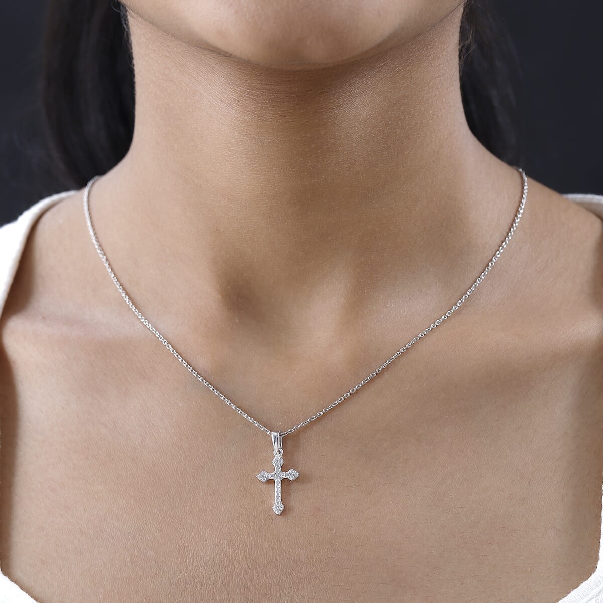 Moissanite Cross Pendant Necklace 20 Inches in Platinum Over Sterling Silver 0.15 ctw image number 2