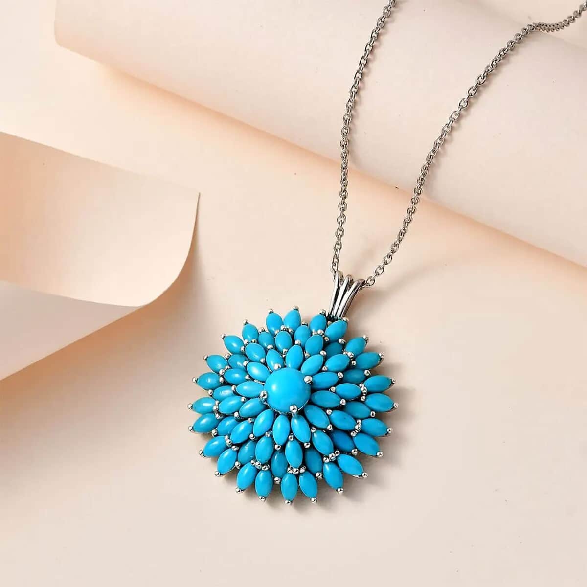 Doorbuster Sleeping Beauty Turquoise Floral Spray Pendant Necklace 20 Inches in Platinum Over Sterling Silver 10.35 ctw image number 1