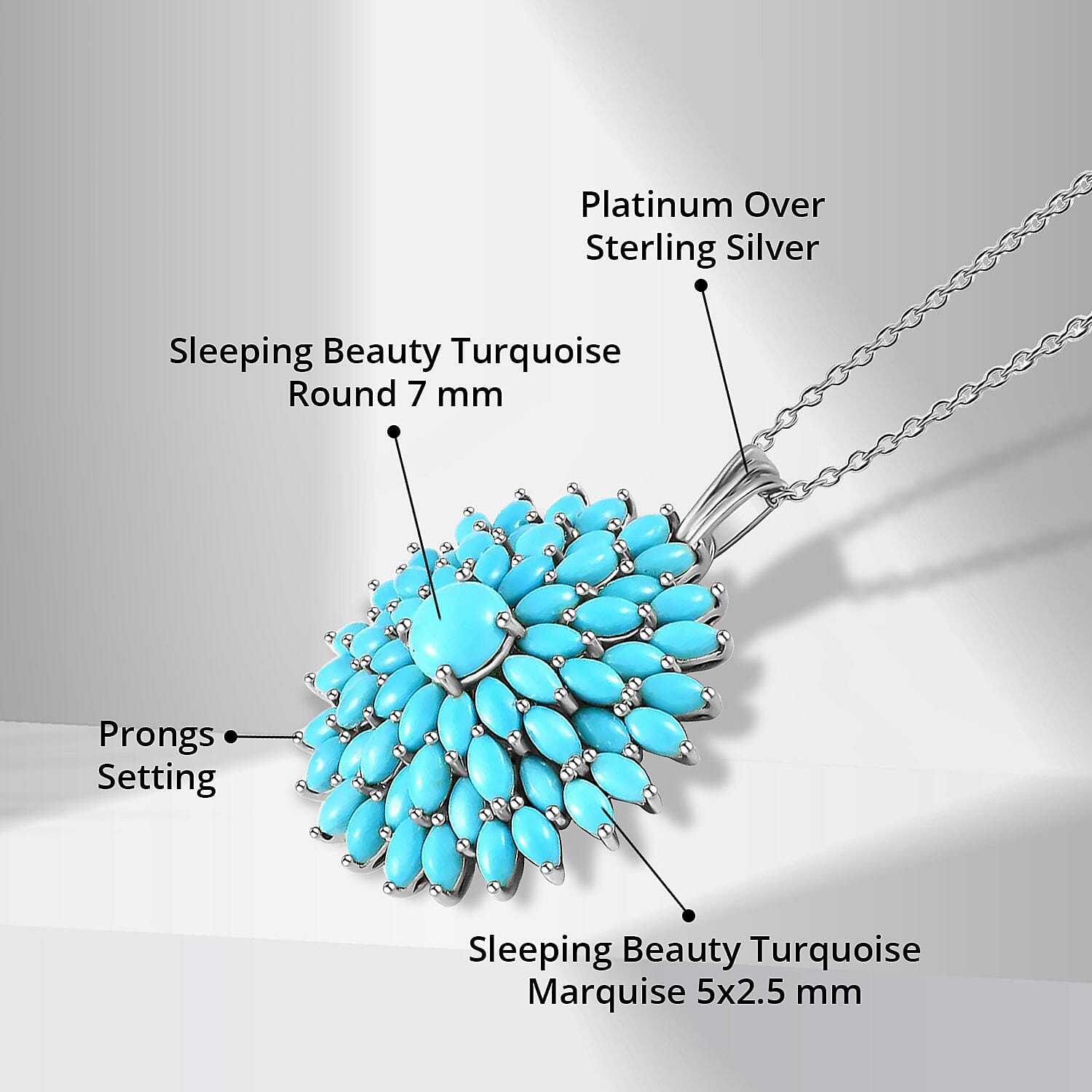 Sleeping Beauty Turquoise Floral Spray Pendant Necklace 20 Inches in Platinum Over Sterling Silver 9.50 ctw