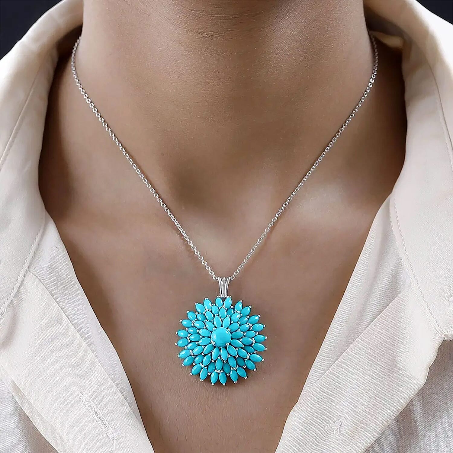 Sleeping Beauty Turquoise Floral Spray Pendant Necklace 20 Inches in Platinum Over Sterling Silver 9.50 ctw