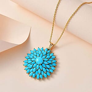 Sleeping Beauty Turquoise Floral Spray Pendant Necklace (20 Inches) in Vermeil YG Over Sterling Silver 9.15 ctw